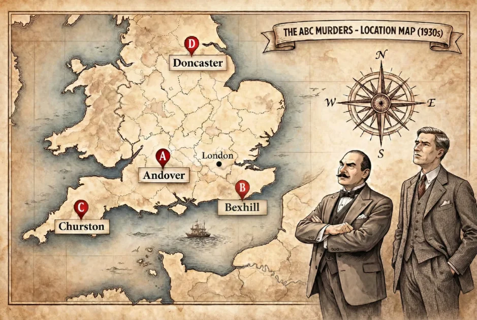 アガサ・クリスティー『ABC殺人事件』の舞台となったイギリス南部の地図。